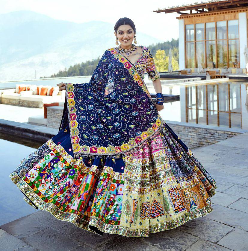 BLUE PINK Lehenga Choli With Mirror Work And Attached Blue Dupatta