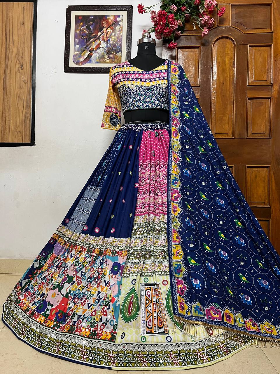 BLUE PINK Lehenga Choli With Mirror Work And Attached Blue Dupatta