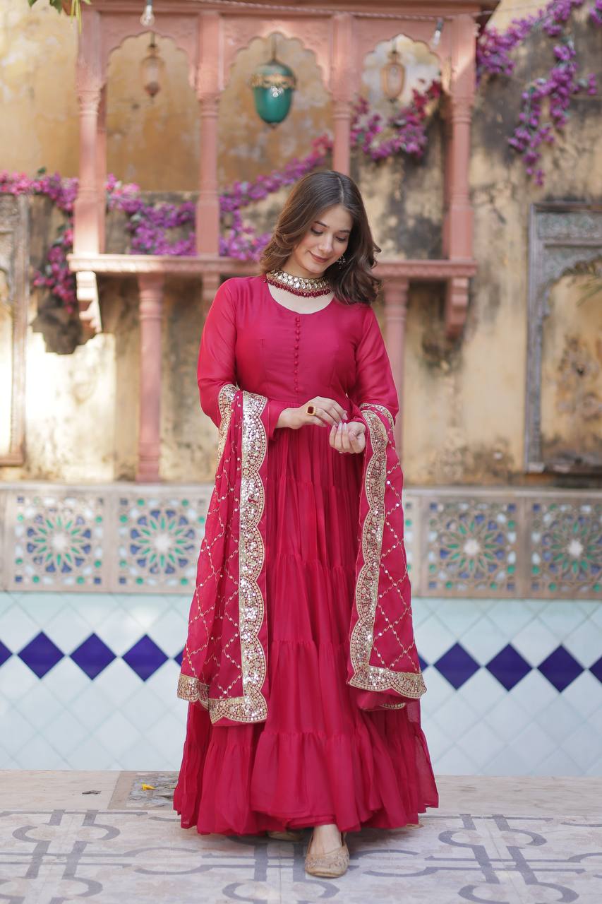 Women's Fully Flair Gown Made With Star Georgette Fabrics and Designer Embroidered Dupatta