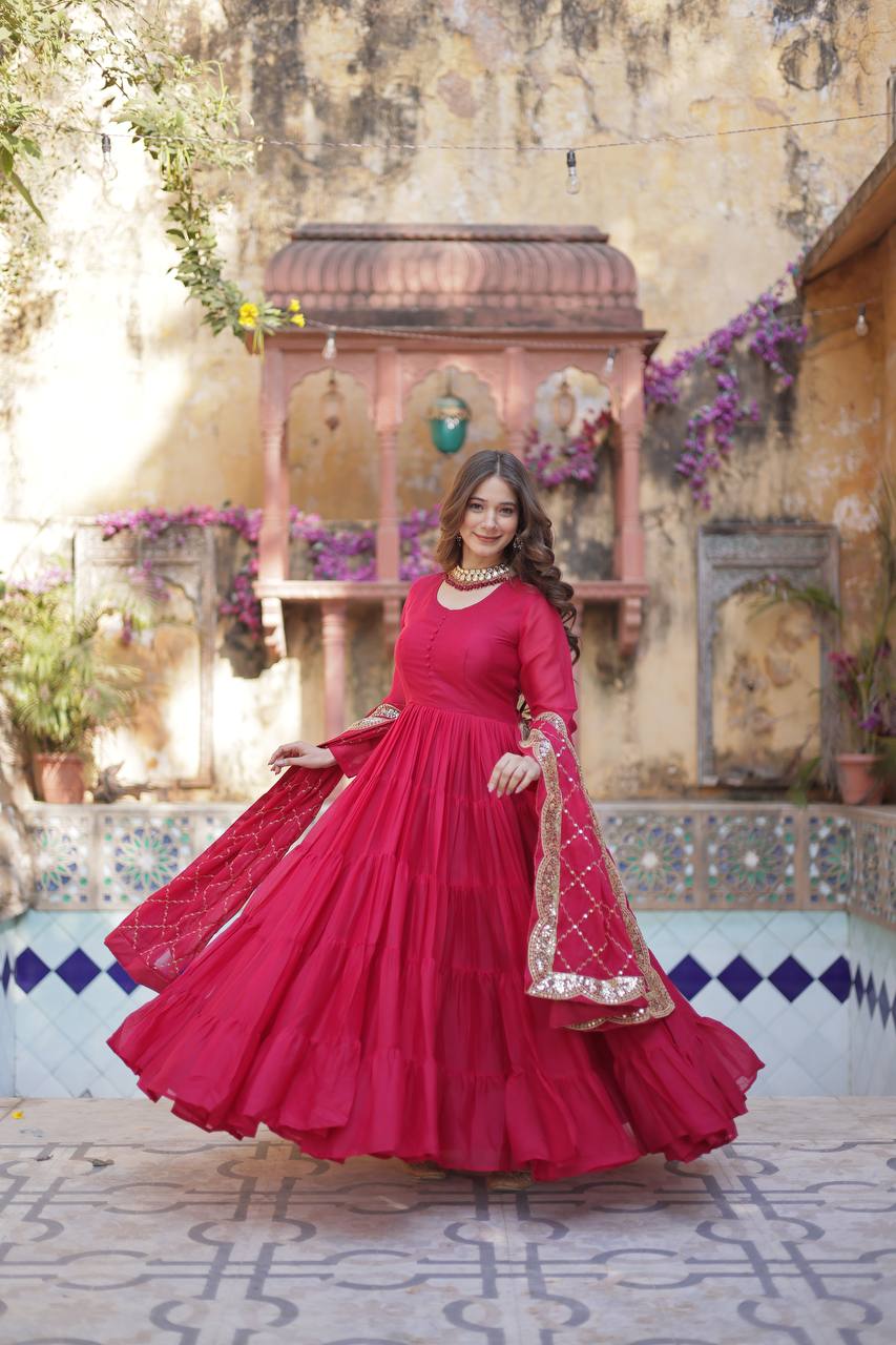 Women's Fully Flair Gown Made With Star Georgette Fabrics and Designer Embroidered Dupatta