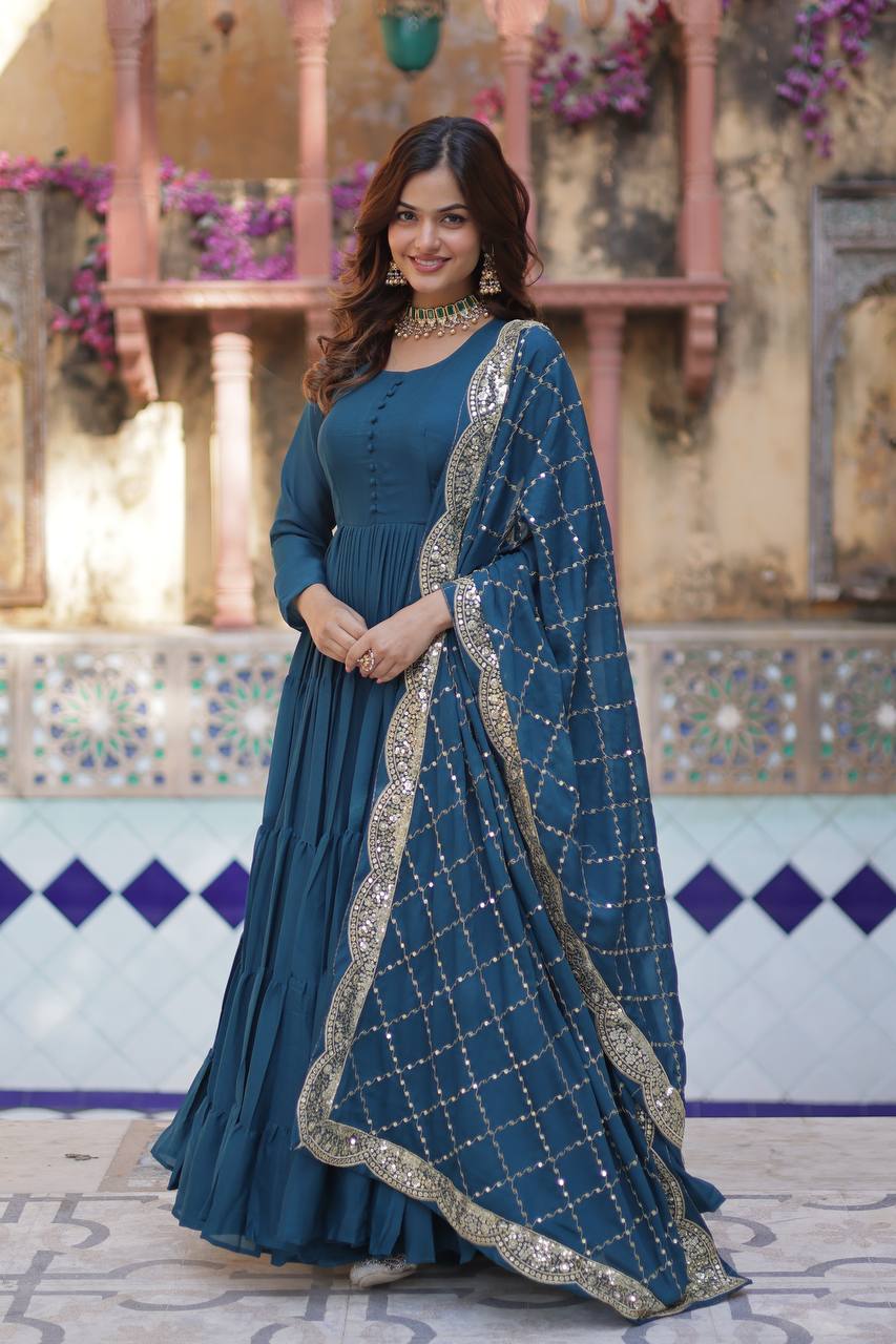 Women's Fully Flair Gown Made With Star Georgette Fabrics and Designer Embroidered Dupatta