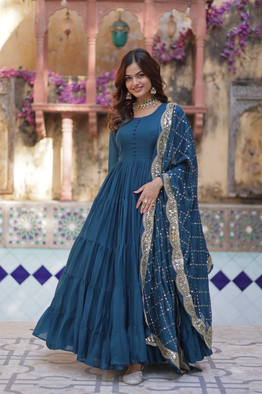 Women's Fully Flair Gown Made With Star Georgette Fabrics and Designer Embroidered Dupatta