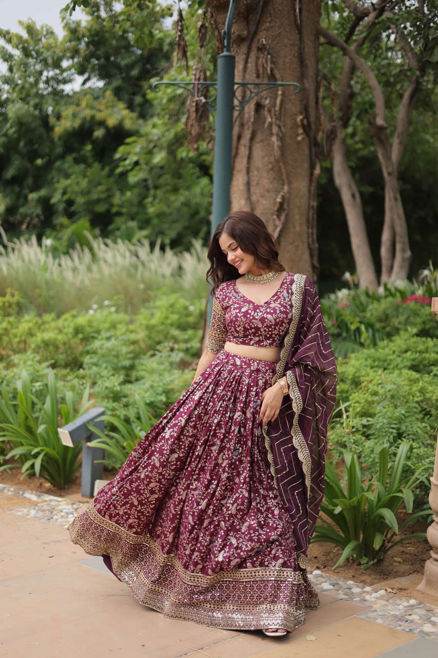 THE JEQUARD LEHENGHA With Golden Embroidered Sequins work LEHENGA CHOLI COLLECTIONS