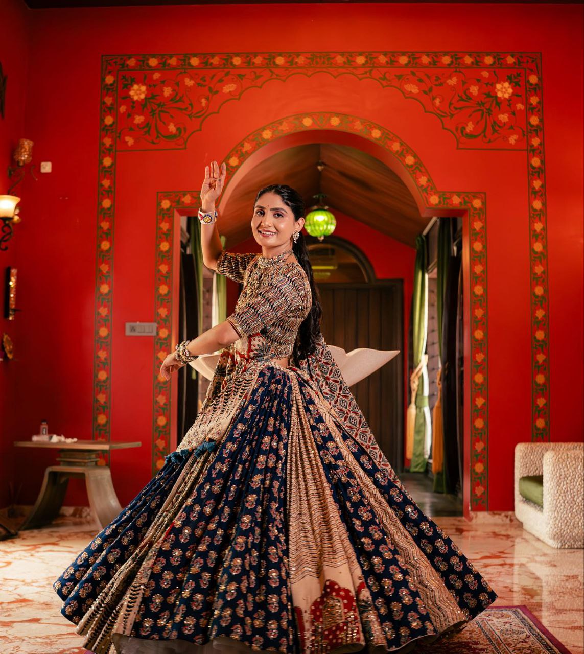 BLUE CREAM Lehenga Choli With Mirror Work And Attached Blue Dupatta