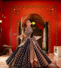 BLUE CREAM Lehenga Choli With Mirror Work And Attached Blue Dupatta