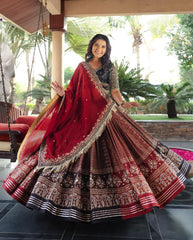 RED AJRAKH Lehenga Choli With Mirror Work And Attached Dupatta