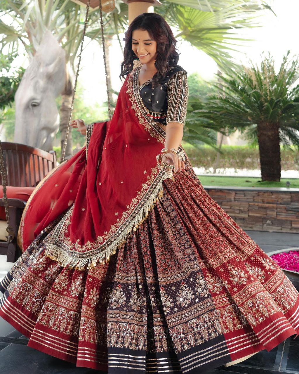 RED AJRAKH Lehenga Choli With Mirror Work And Attached Dupatta