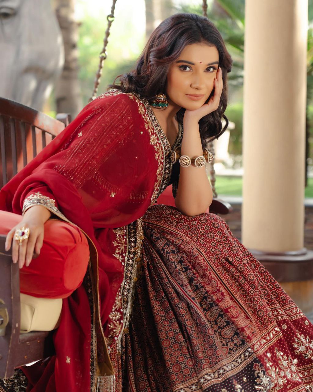RED AJRAKH Lehenga Choli With Mirror Work And Attached Dupatta