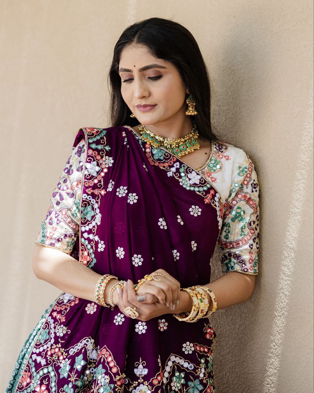 wine and green Lehenga Choli With Mirror Work And Attached wine Dupatta