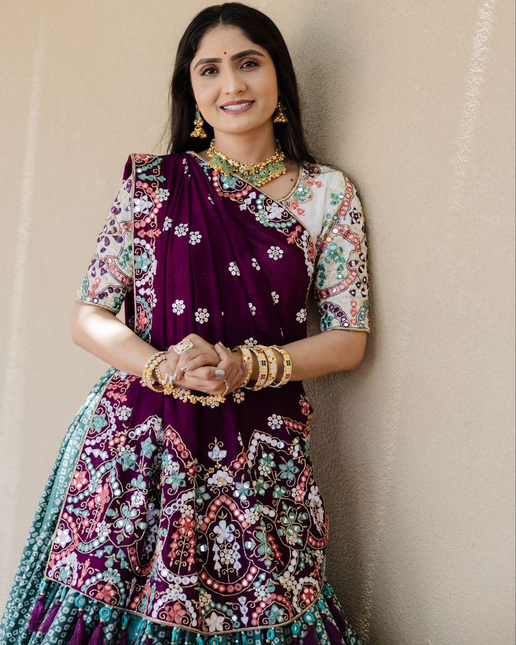 wine and green Lehenga Choli With Mirror Work And Attached wine Dupatta