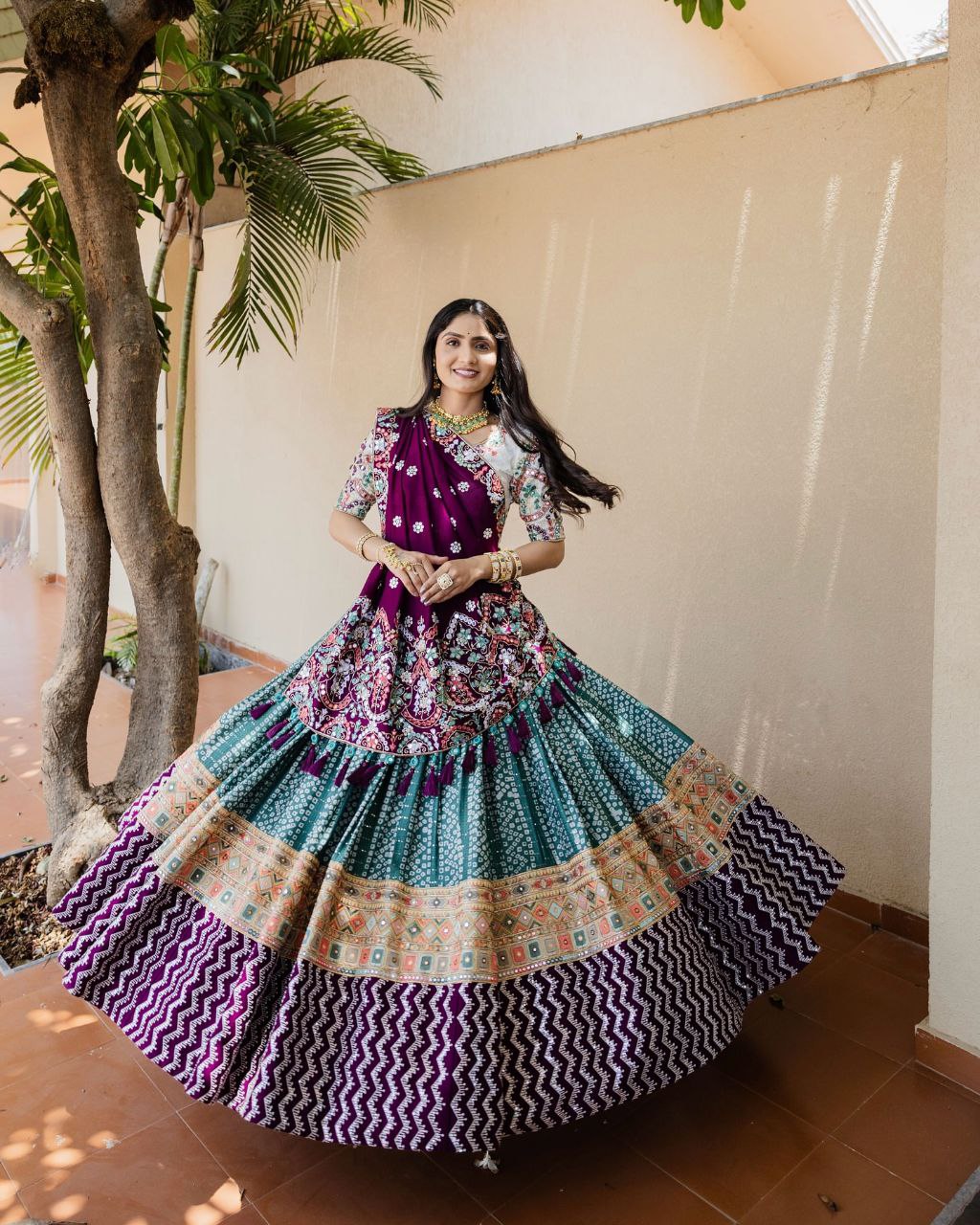 wine and green Lehenga Choli With Mirror Work And Attached wine Dupatta