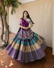 wine and green Lehenga Choli With Mirror Work And Attached wine Dupatta