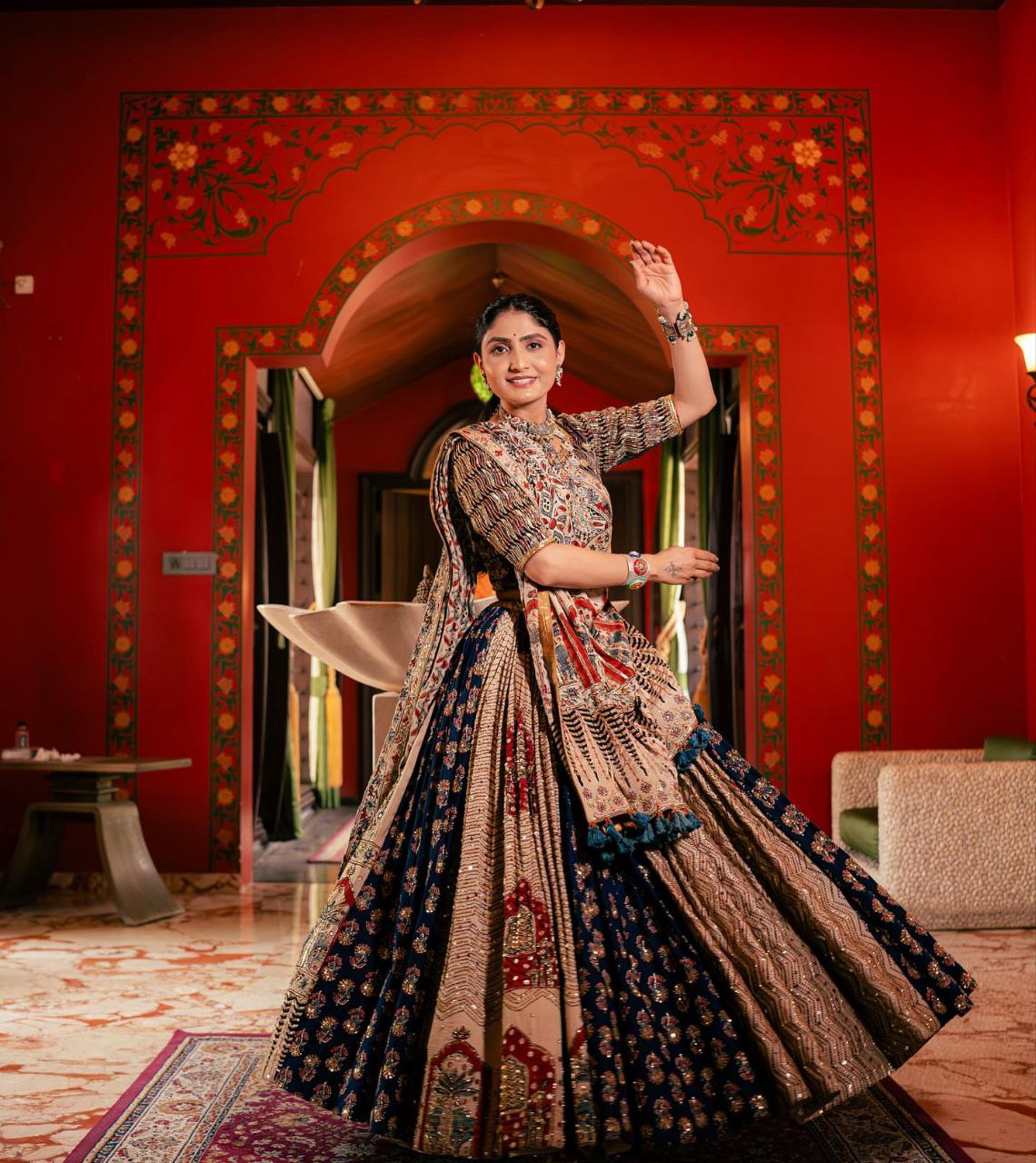 BLUE CREAM Lehenga Choli With Mirror Work And Attached Blue Dupatta