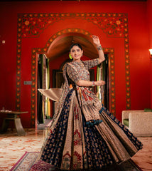 BLUE CREAM Lehenga Choli With Mirror Work And Attached Blue Dupatta