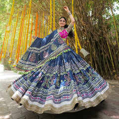 BLUE PINK Lehenga Choli With Mirror Work And Attached Blue Dupatta