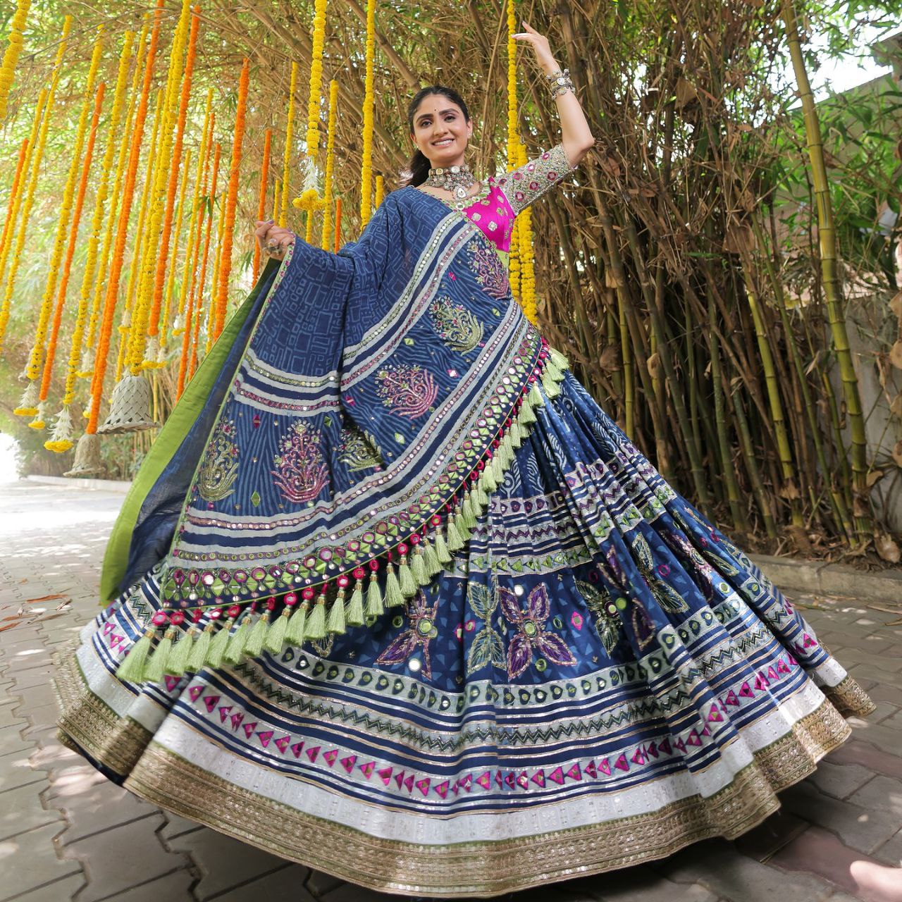 BLUE PINK Lehenga Choli With Mirror Work And Attached Blue Dupatta