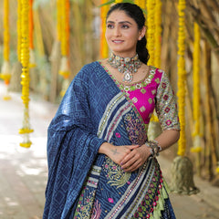 BLUE PINK Lehenga Choli With Mirror Work And Attached Blue Dupatta