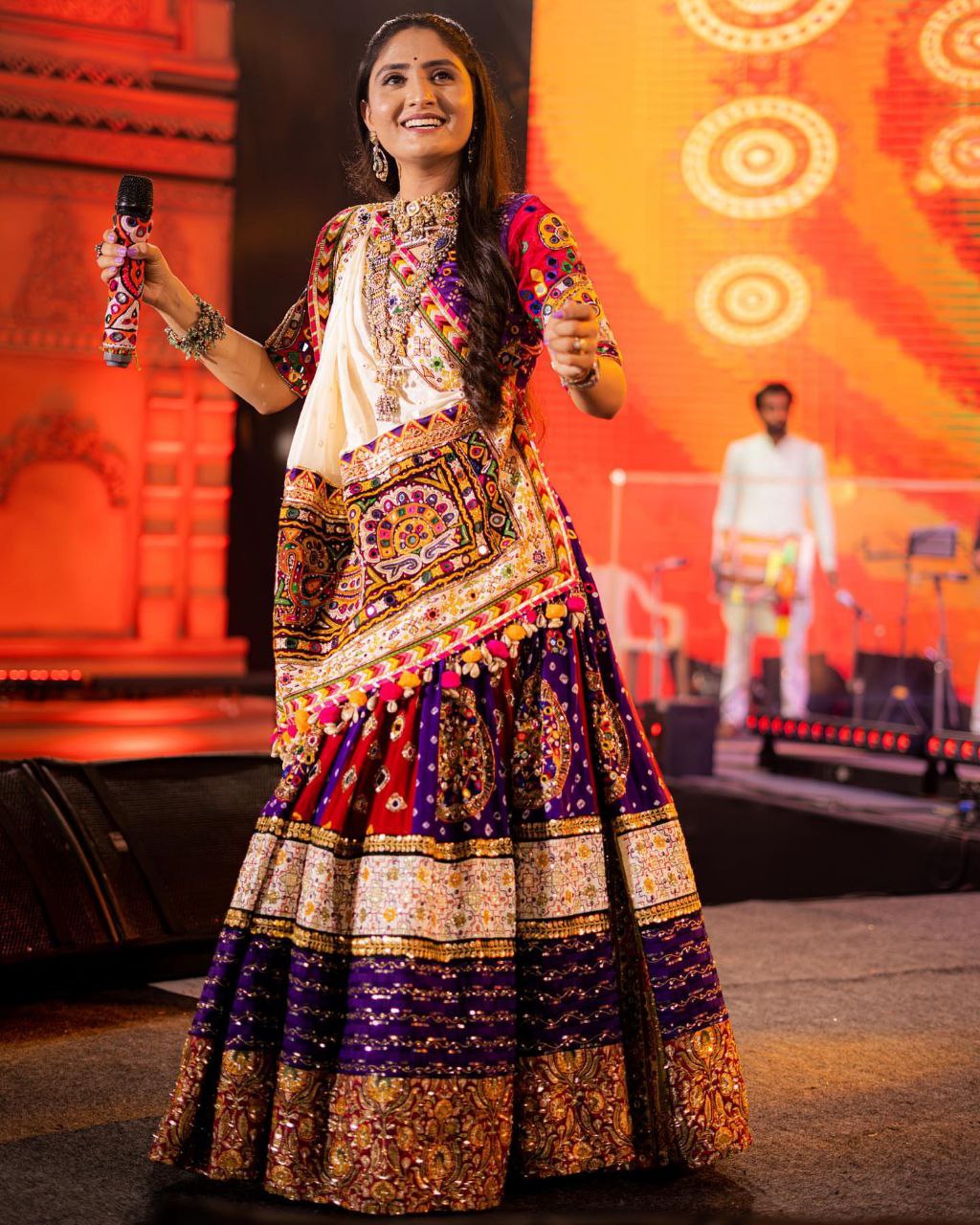 ORANGE ND PURPLE SILK Lehenga Choli With Mirror Work And Attached Dupatta