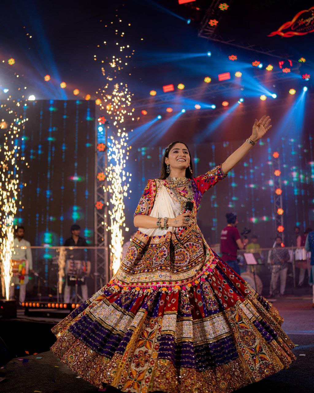 ORANGE ND PURPLE SILK Lehenga Choli With Mirror Work And Attached Dupatta