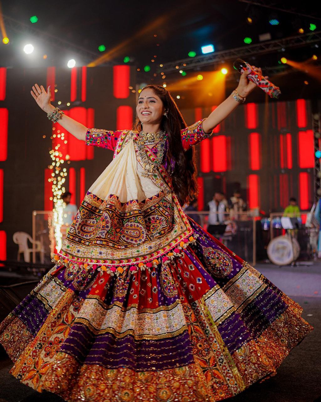 ORANGE ND PURPLE SILK Lehenga Choli With Mirror Work And Attached Dupatta