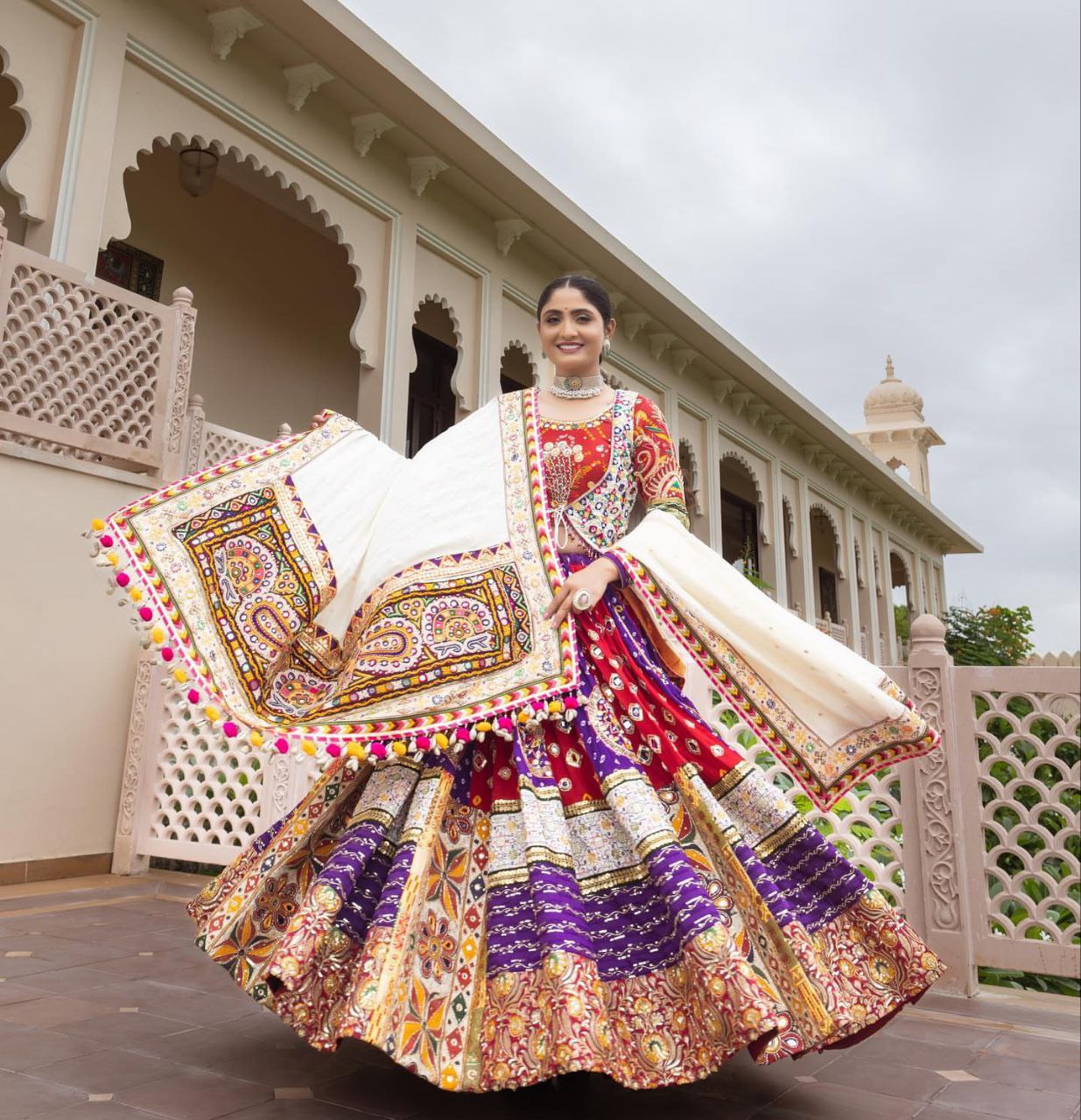 ORANGE ND PURPLE SILK Lehenga Choli With Mirror Work And Attached Dupatta