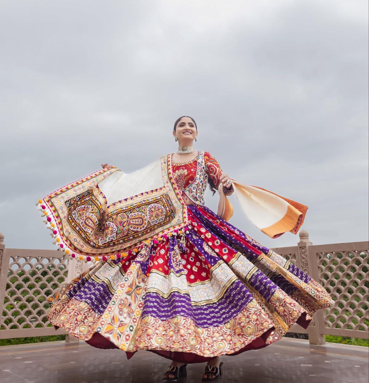 ORANGE ND PURPLE SILK Lehenga Choli With Mirror Work And Attached Dupatta