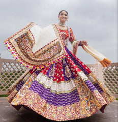 ORANGE ND PURPLE SILK Lehenga Choli With Mirror Work And Attached Dupatta