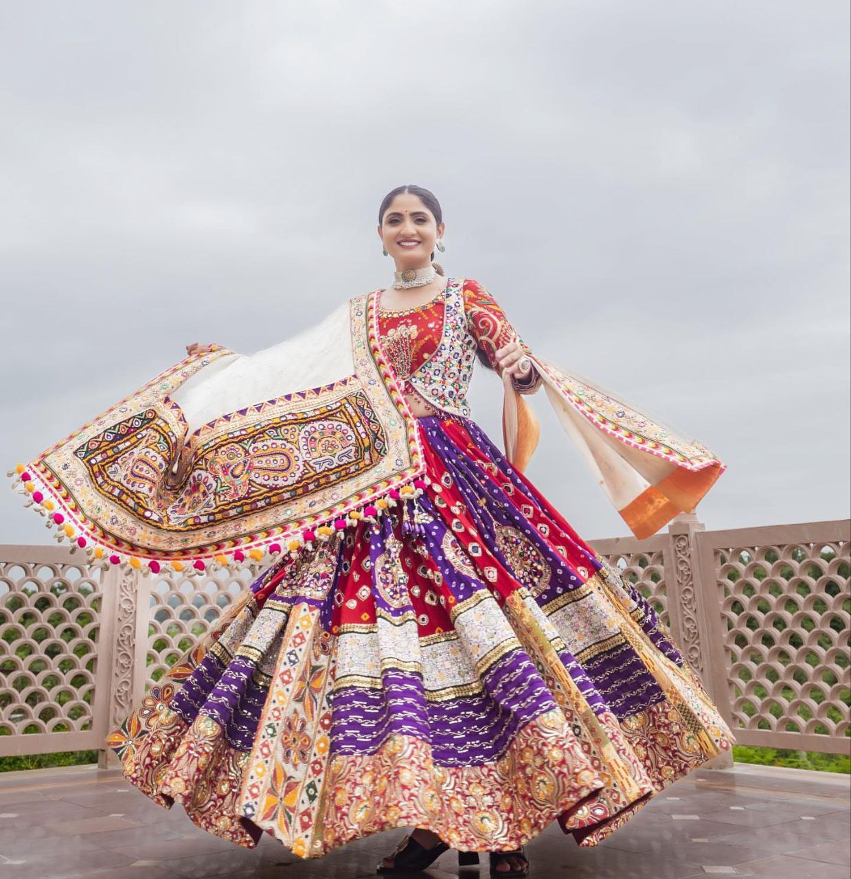 ORANGE ND PURPLE SILK Lehenga Choli With Mirror Work And Attached Dupatta