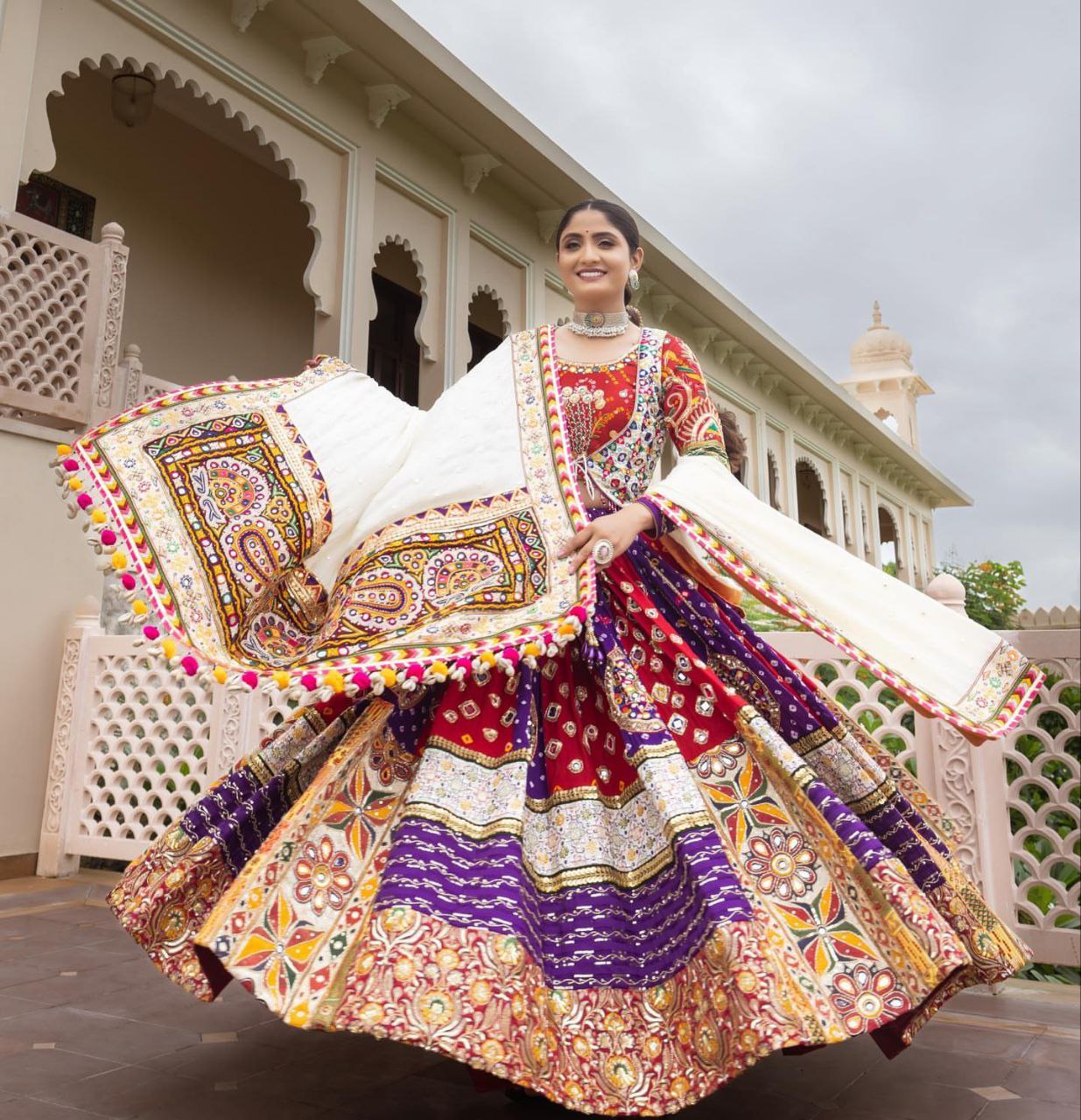 ORANGE ND PURPLE SILK Lehenga Choli With Mirror Work And Attached Dupatta