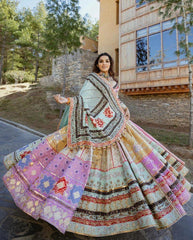CREAM  Lehenga Choli With Mirror Work And Attached Blue Dupatta