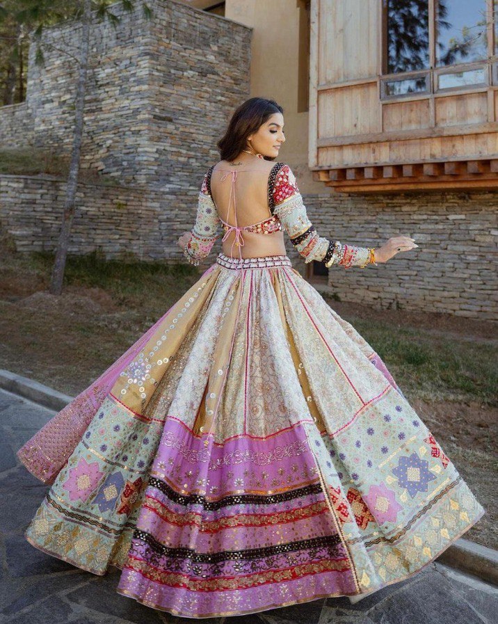CREAM  Lehenga Choli With Mirror Work And Attached Blue Dupatta