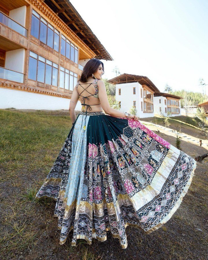 BLUE PINK Lehenga Choli With Mirror Work And Attached Blue Dupatta