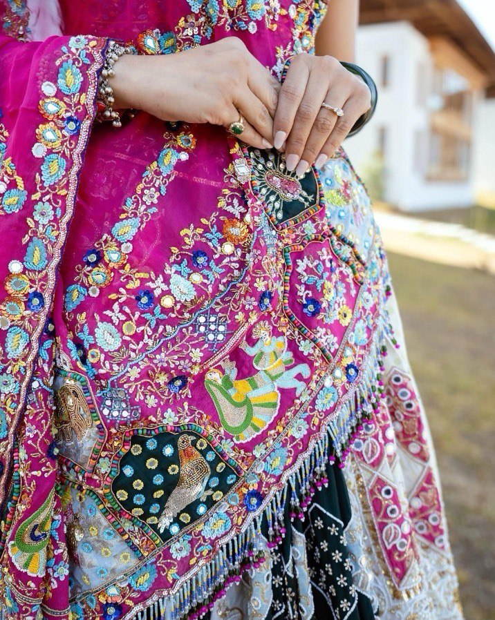BLUE PINK Lehenga Choli With Mirror Work And Attached Blue Dupatta
