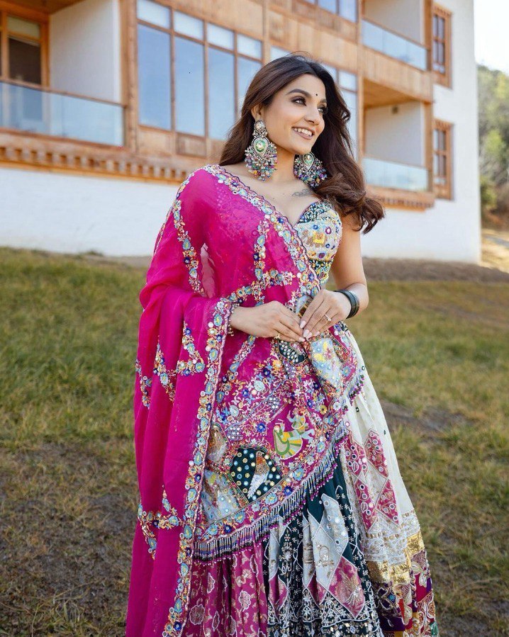 BLUE PINK Lehenga Choli With Mirror Work And Attached Blue Dupatta