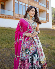 BLUE PINK Lehenga Choli With Mirror Work And Attached Blue Dupatta