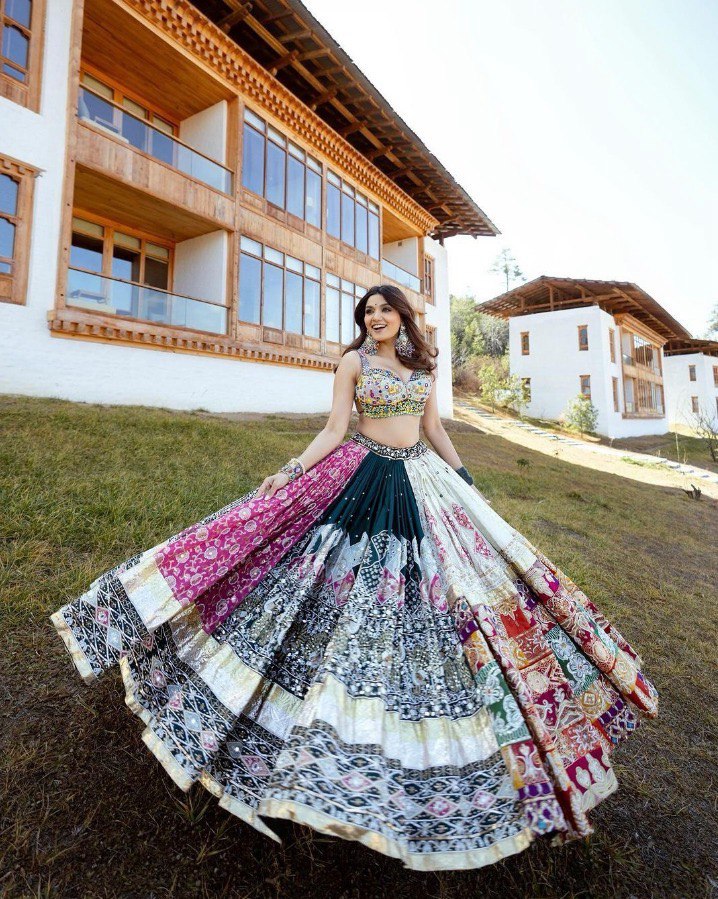 BLUE PINK Lehenga Choli With Mirror Work And Attached Blue Dupatta