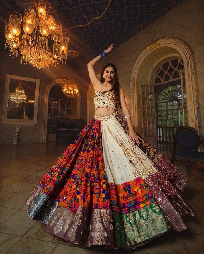 ORANGE Lehenga Choli With Mirror Work And Attached Blue Dupatta