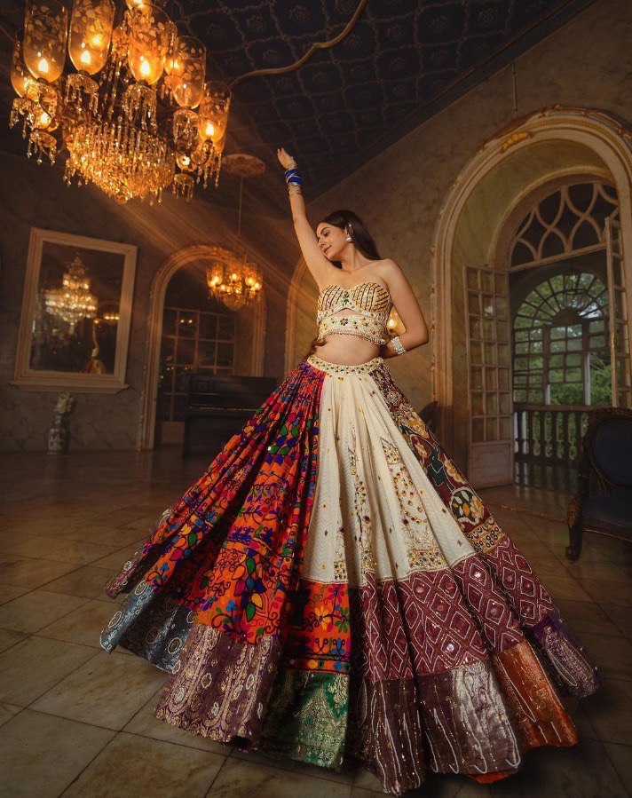 ORANGE Lehenga Choli With Mirror Work And Attached Blue Dupatta