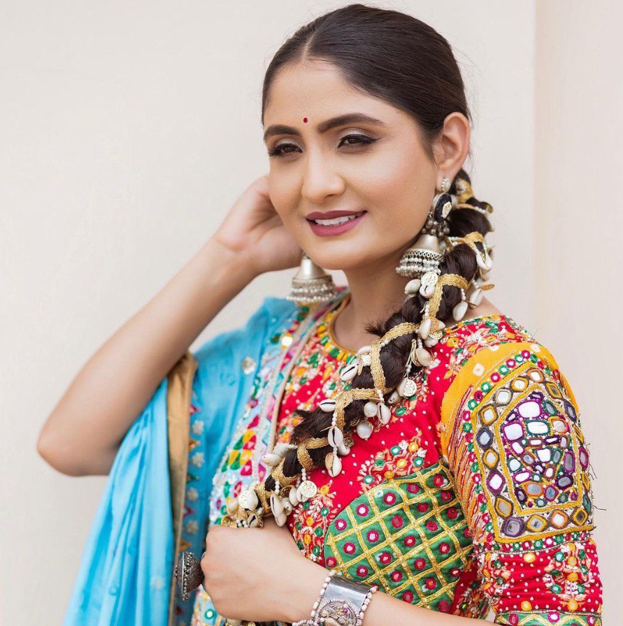 BLUE PINK Lehenga Choli With Mirror Work And Attached Blue Dupatta