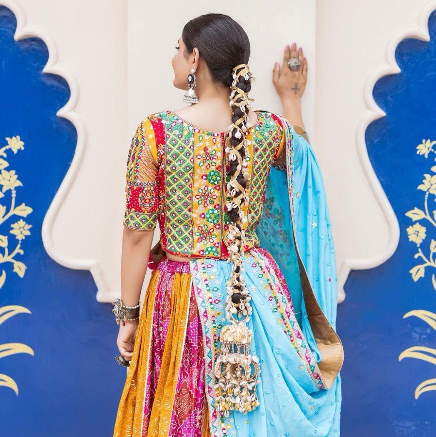 BLUE PINK Lehenga Choli With Mirror Work And Attached Blue Dupatta