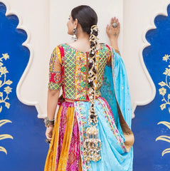 BLUE PINK Lehenga Choli With Mirror Work And Attached Blue Dupatta