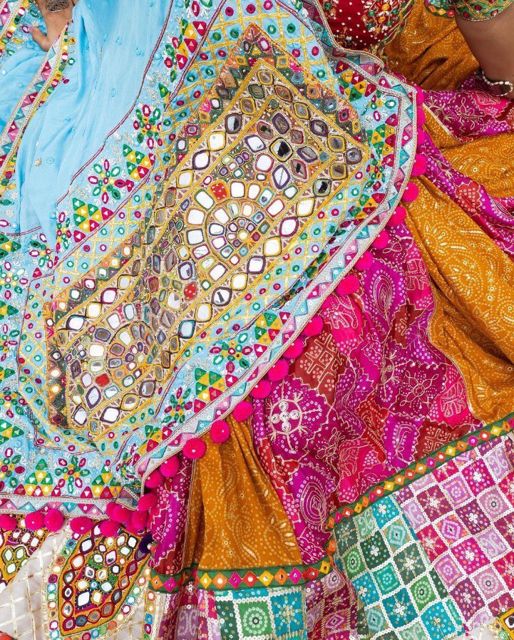 BLUE PINK Lehenga Choli With Mirror Work And Attached Blue Dupatta