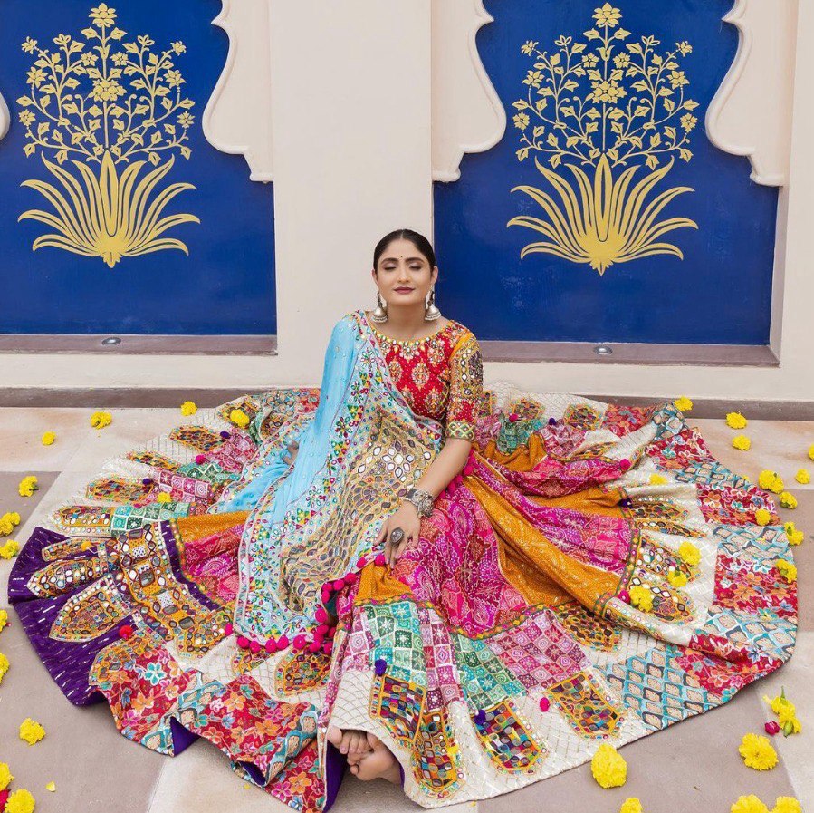 BLUE PINK Lehenga Choli With Mirror Work And Attached Blue Dupatta