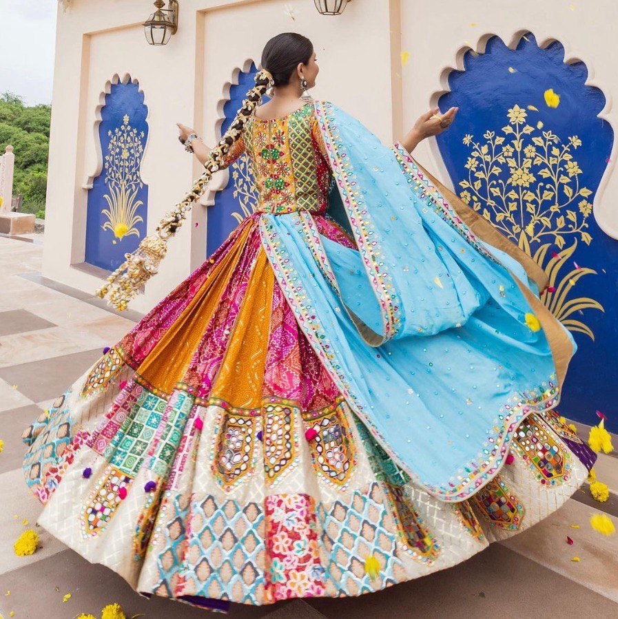 BLUE PINK Lehenga Choli With Mirror Work And Attached Blue Dupatta