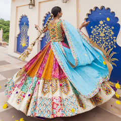 BLUE PINK Lehenga Choli With Mirror Work And Attached Blue Dupatta