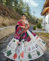 WHITE MULTICOLOUR DESIGNER LEHNGHA CHOLI WITH MIRROR WORK ATTACHED DUPATTA