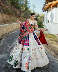 WHITE MULTICOLOUR DESIGNER LEHNGHA CHOLI WITH MIRROR WORK ATTACHED DUPATTA