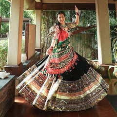 BLACK Lehenga Choli With Mirror Work And Attached RED Dupatta
