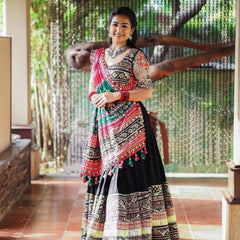 BLACK Lehenga Choli With Mirror Work And Attached RED Dupatta
