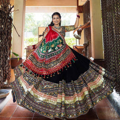 BLACK Lehenga Choli With Mirror Work And Attached RED Dupatta